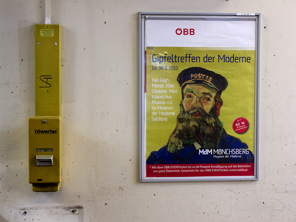 Mailman Roulin and the Ticket Stamper. Tagged with exhibition, modern painters, poster, ticket canceller, yellow