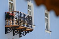 balcony on blue wall, St. Wolfgang, austria
